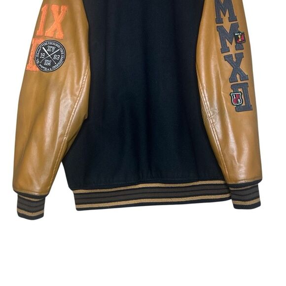 Springfield Black Brown Long Sleeve Varsity Jacket Size L Wool Leather Trim - Picture 6 of 14